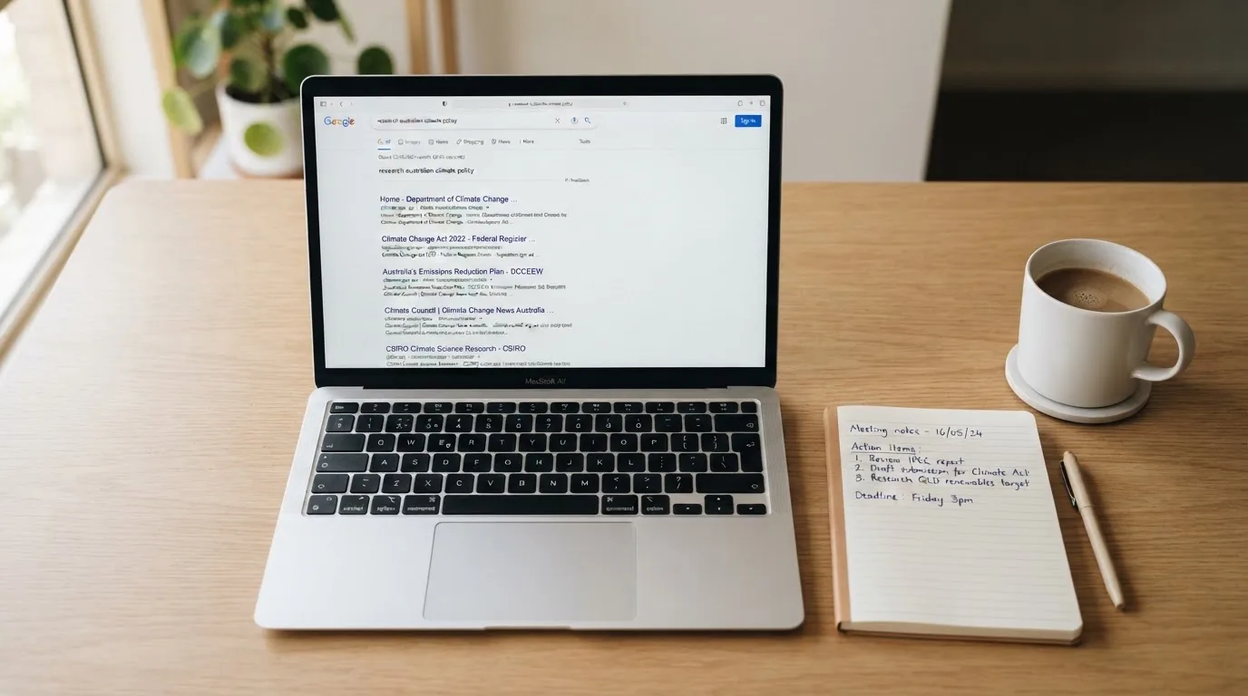 A tidy desk with a laptop open on a plain search-results page, a notebook and a coffee cup beside it, no screens showing any casino branding.