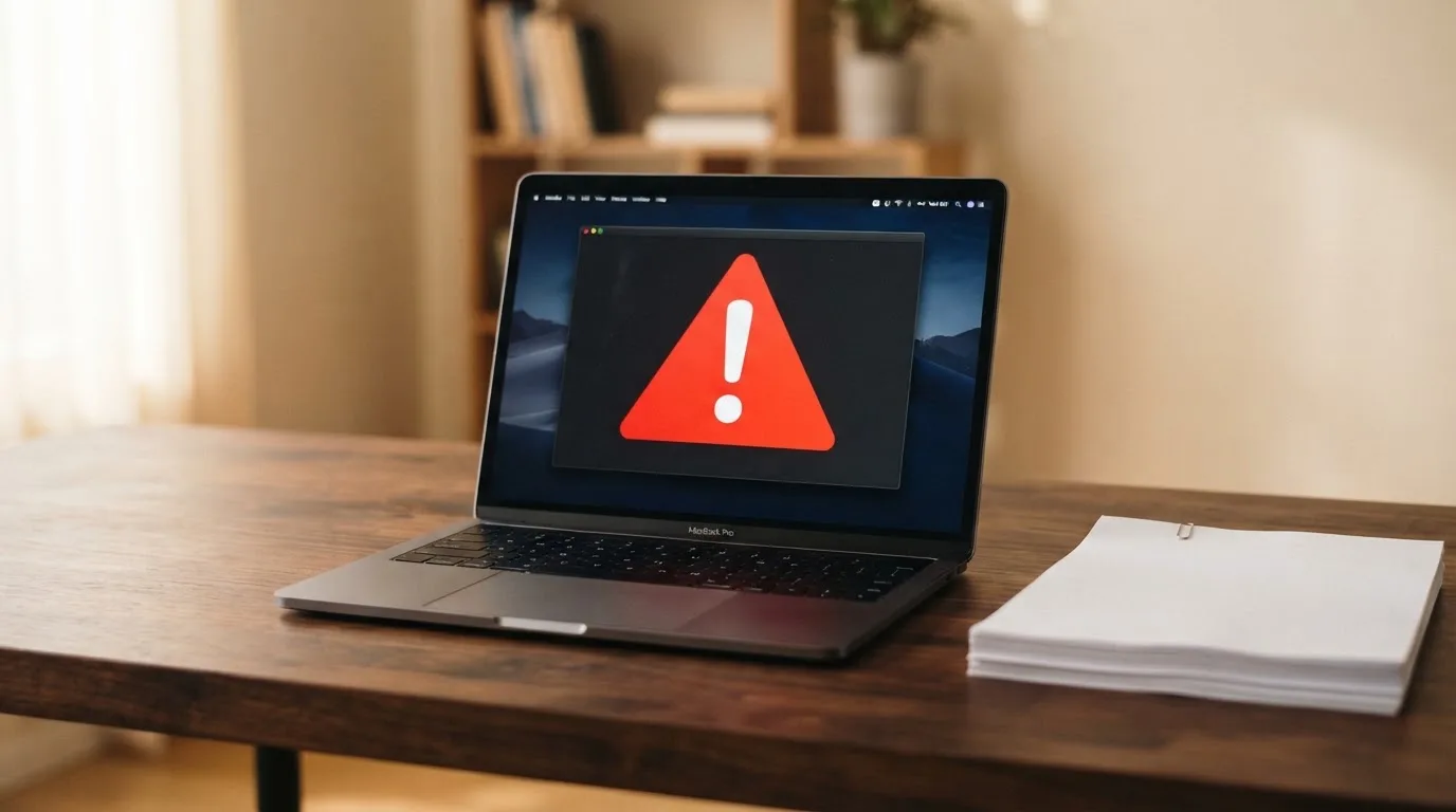 A red triangular warning sign icon on a laptop screen next to a stack of legal papers, symbolising an official caution rather than any specific website.