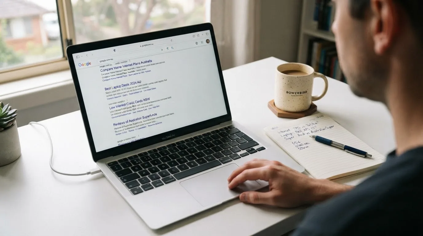 A tidy desk with a laptop open on a plain search-results page, a notebook and a coffee cup beside it, no screens showing any casino branding.
