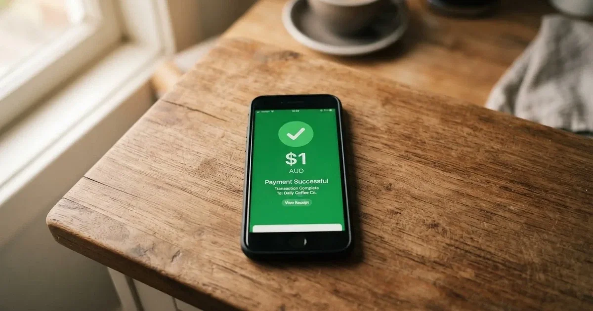 A smartphone screen showing a generic bank-transfer confirmation tick, held over a kitchen table.