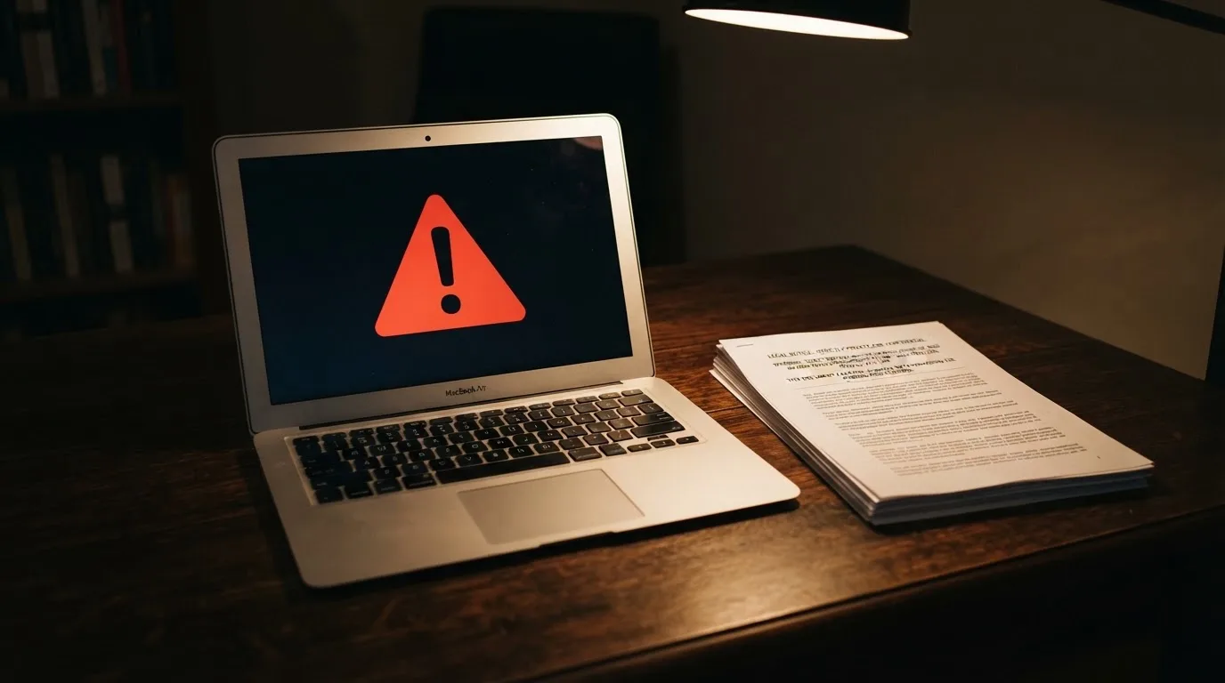 A red triangular warning sign icon on a laptop screen next to a stack of legal papers, symbolising an official caution rather than any specific website.