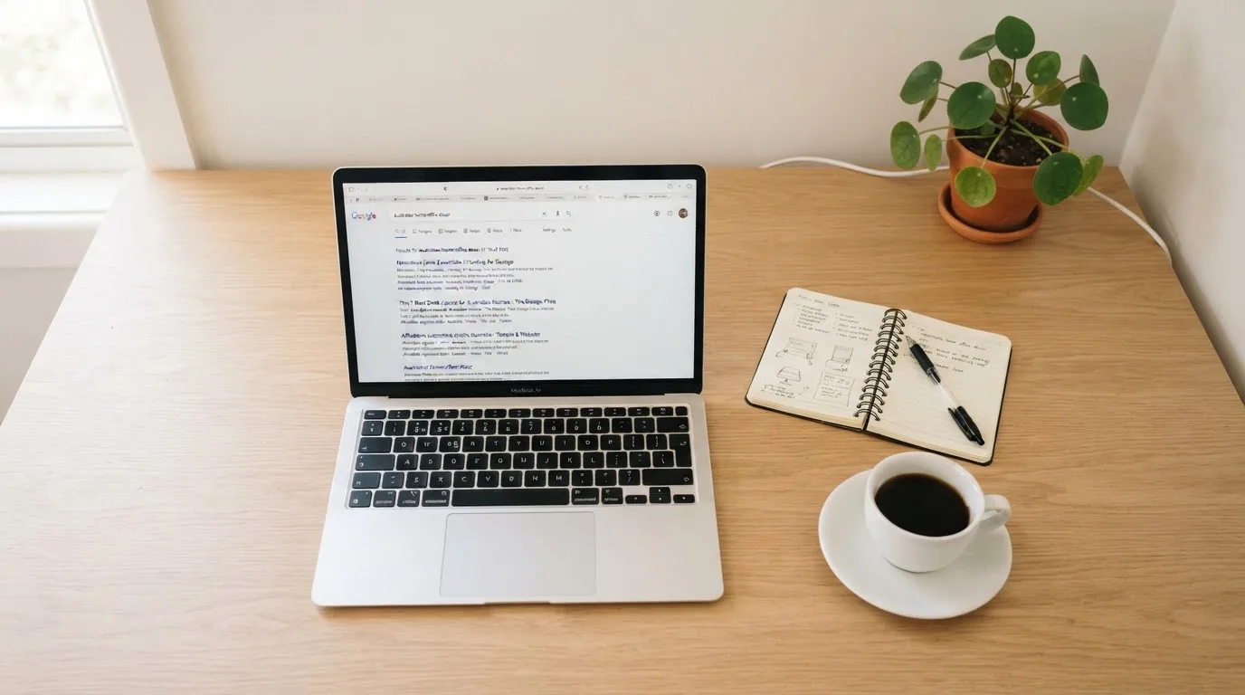 A tidy desk with a laptop open on a plain search-results page, a notebook and a coffee cup beside it, no screens showing any casino branding.