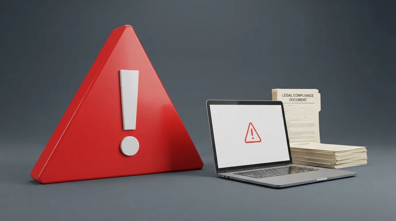A red triangular warning sign icon on a laptop screen next to a stack of legal papers, symbolising an official caution rather than any specific website.