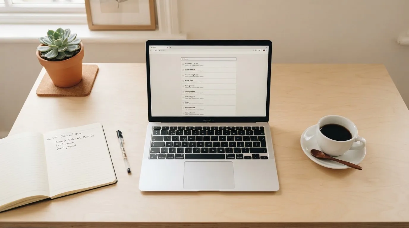 A tidy desk with a laptop open on a plain search-results page, a notebook and a coffee cup beside it, no screens showing any casino branding.