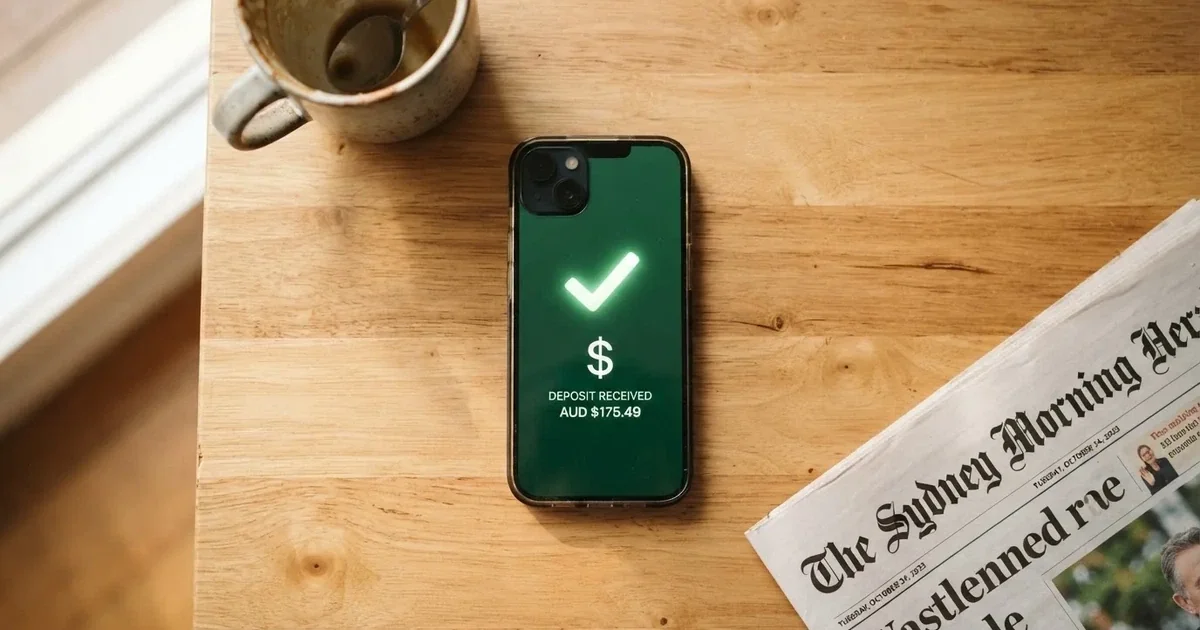 A smartphone screen showing a generic bank-transfer confirmation tick, held over a kitchen table.
