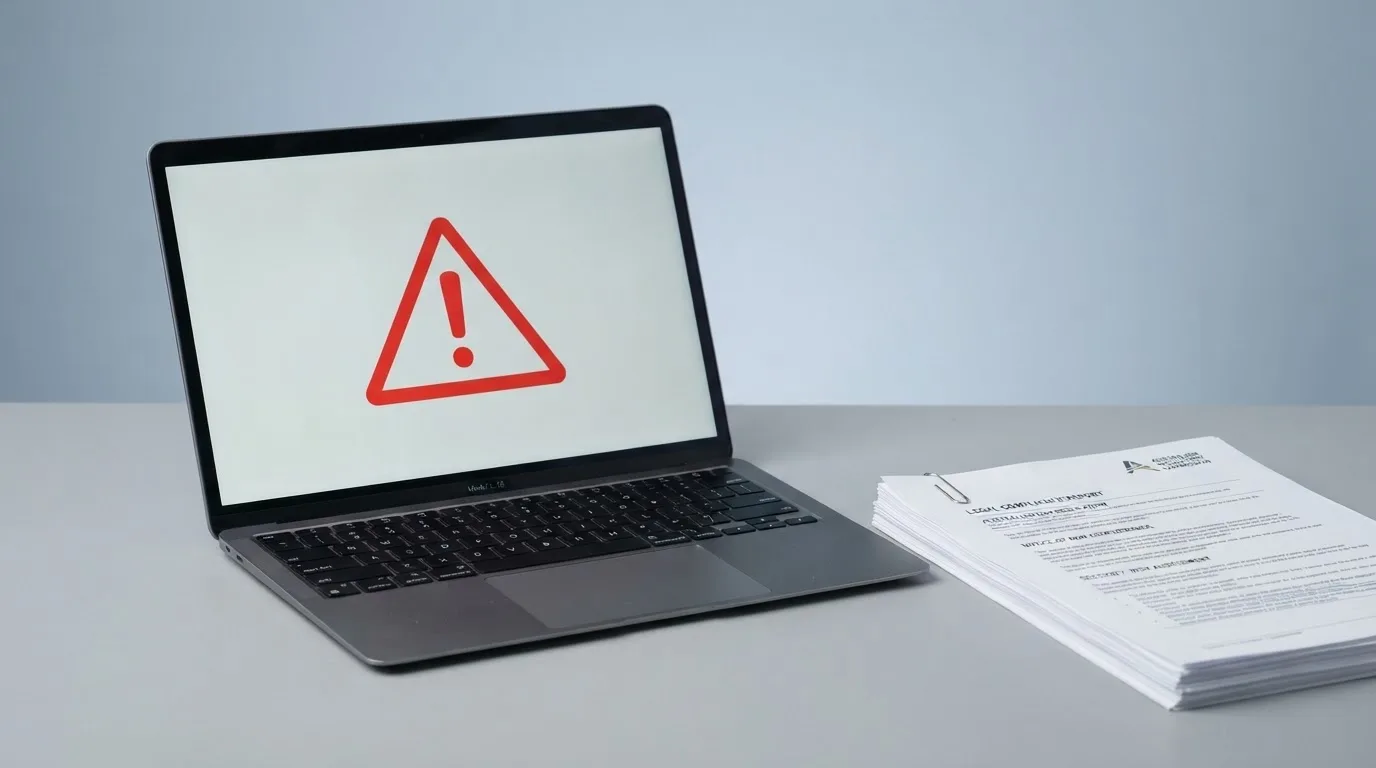 A red triangular warning sign icon on a laptop screen next to a stack of legal papers, symbolising an official caution rather than any specific website.