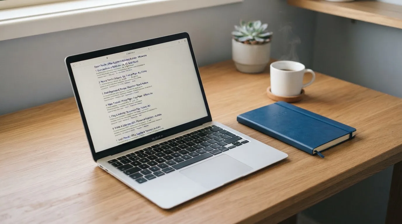 A tidy desk with a laptop open on a plain search-results page, a notebook and a coffee cup beside it, no screens showing any casino branding.