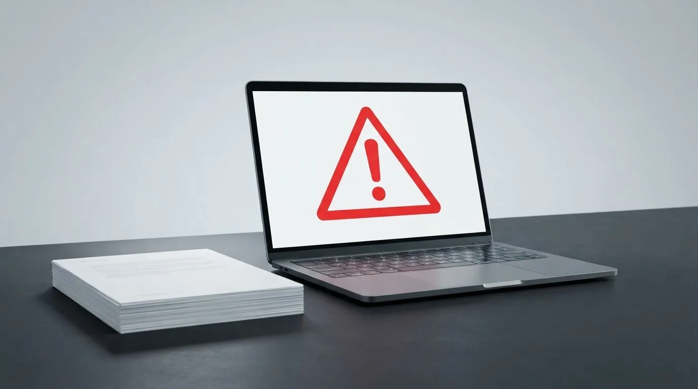 A red triangular warning sign icon on a laptop screen next to a stack of legal papers, symbolising an official caution rather than any specific website.
