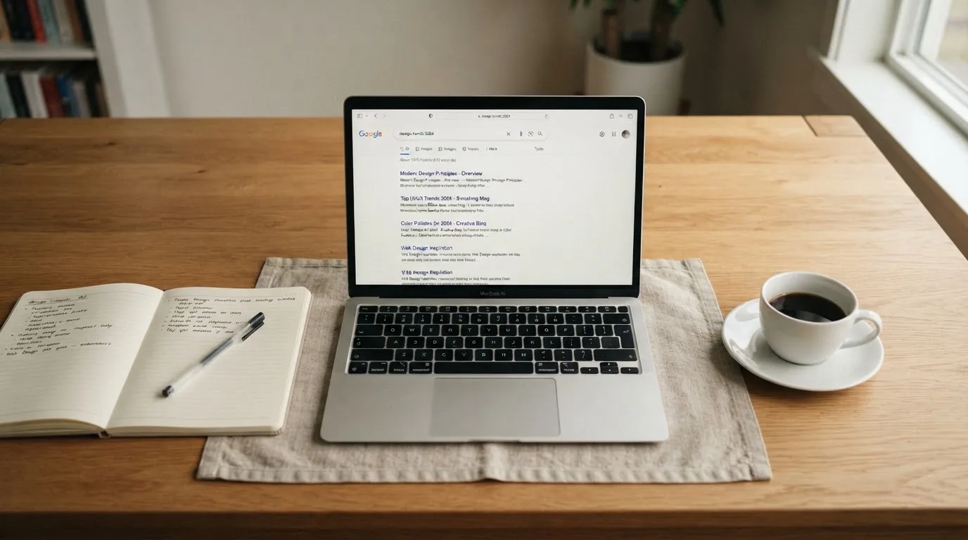 A tidy desk with a laptop open on a plain search-results page, a notebook and a coffee cup beside it, no screens showing any casino branding.