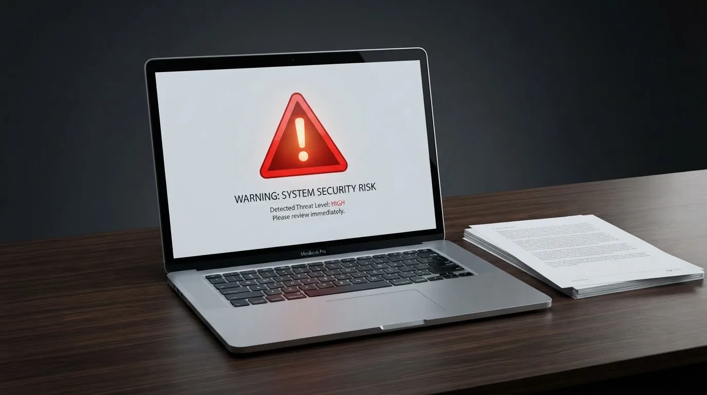A red triangular warning sign icon on a laptop screen next to a stack of legal papers, symbolising an official caution rather than any specific website.