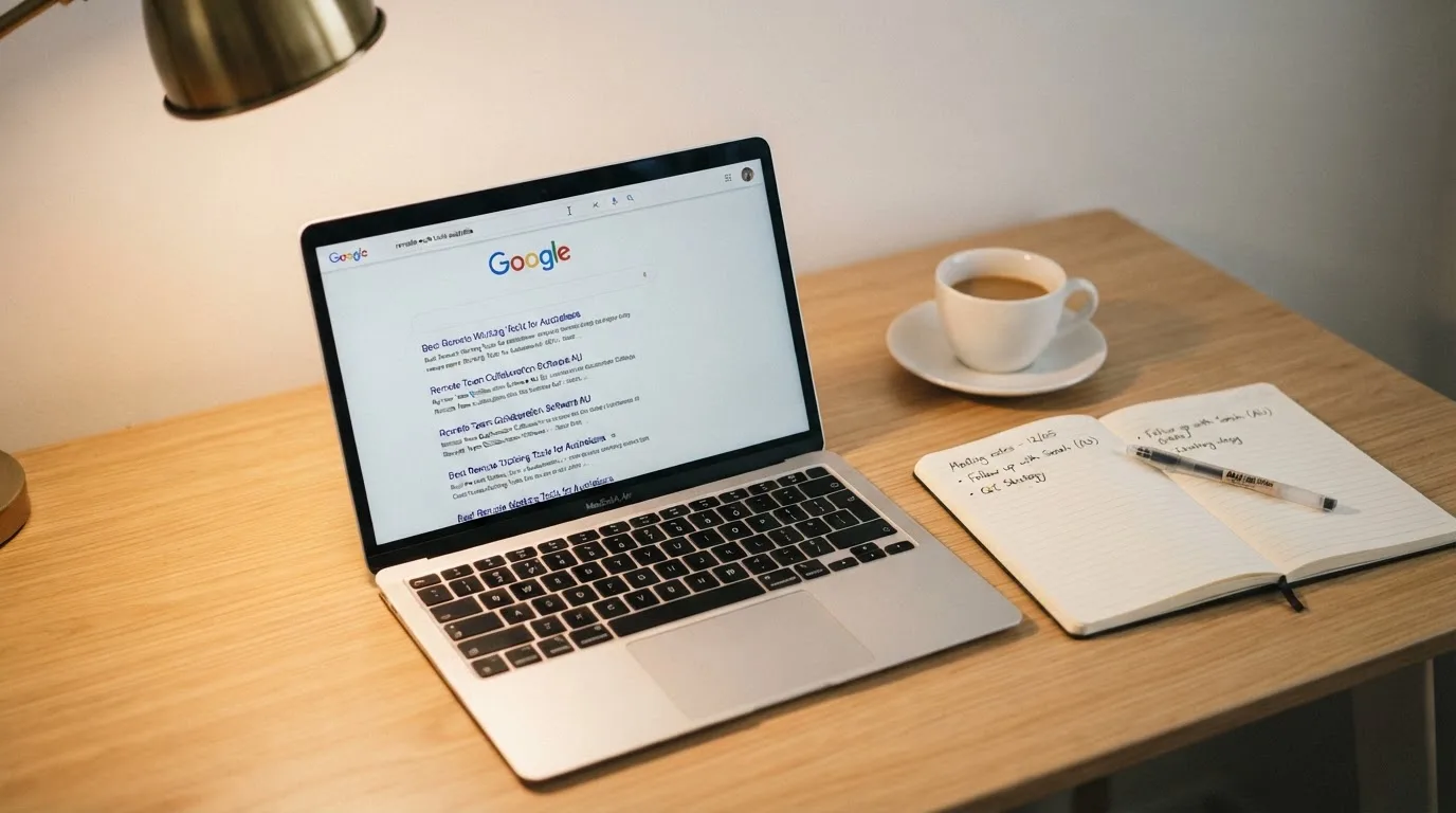A tidy desk with a laptop open on a plain search-results page, a notebook and a coffee cup beside it, no screens showing any casino branding.