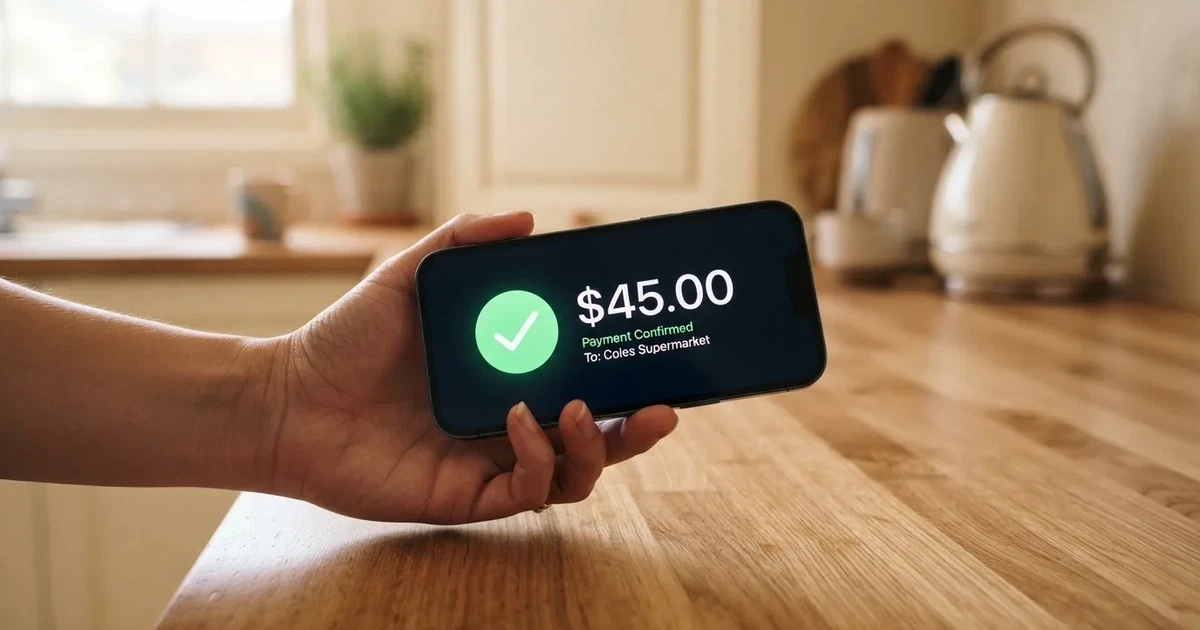 A smartphone screen showing a generic bank-transfer confirmation tick, held over a kitchen table.