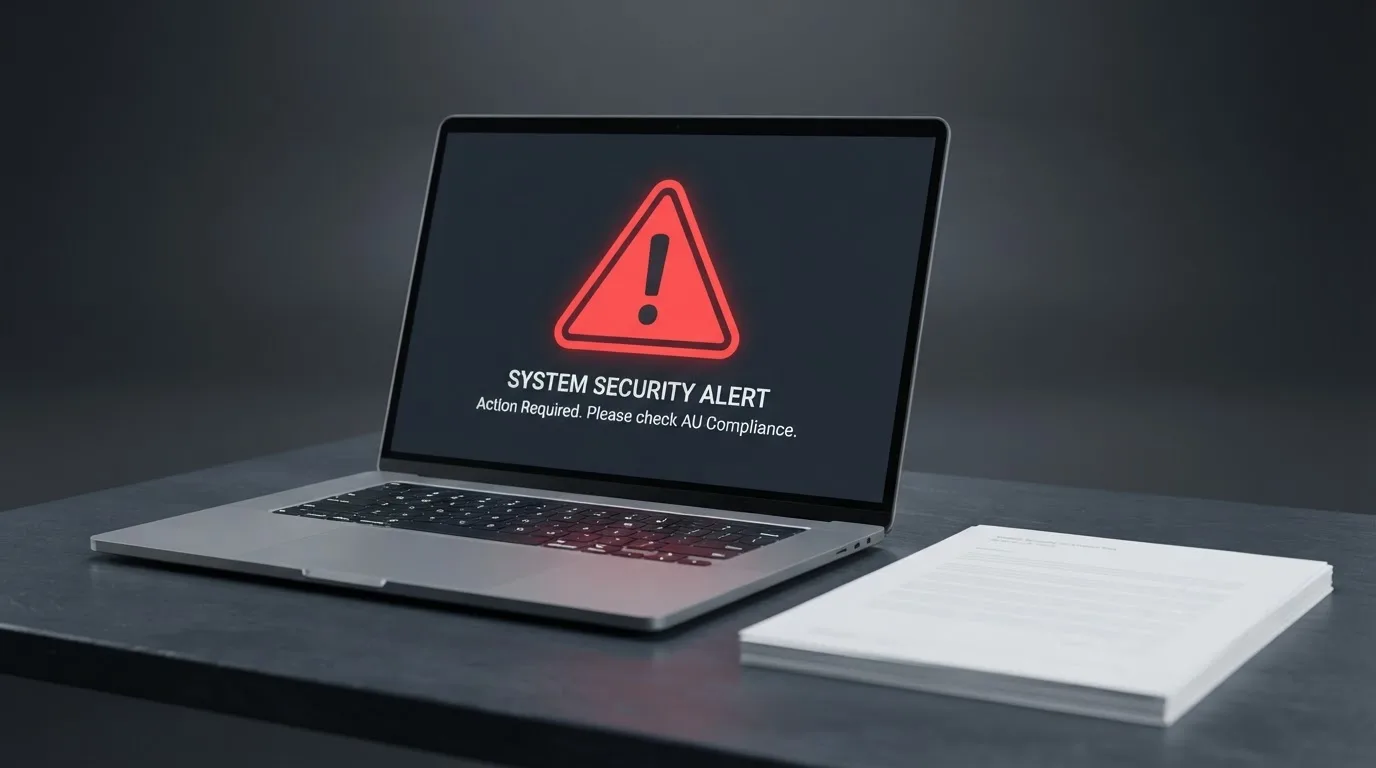 A red triangular warning sign icon on a laptop screen next to a stack of legal papers, symbolising an official caution rather than any specific website.