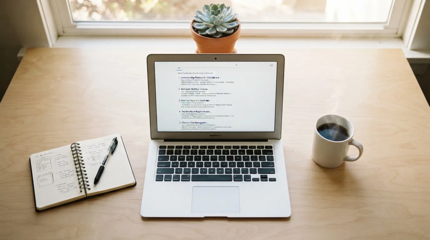 A tidy desk with a laptop open on a plain search-results page, a notebook and a coffee cup beside it, no screens showing any casino branding.