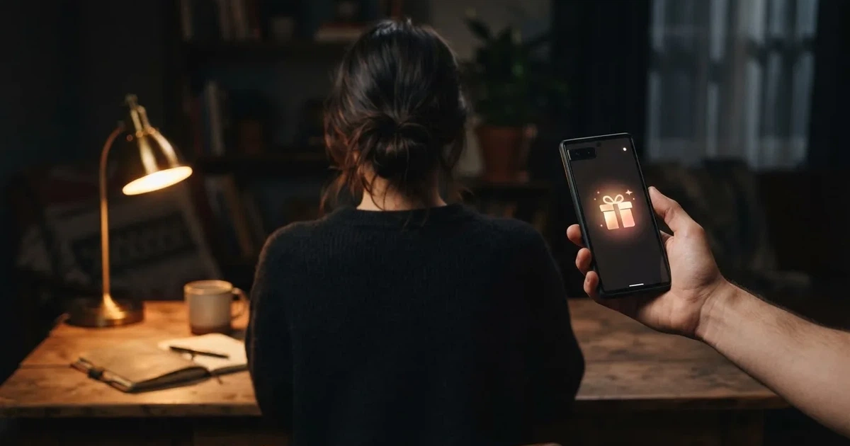 A gift box icon glowing on a phone screen, held at arm's length, suggesting an unopened offer rather than an active game.