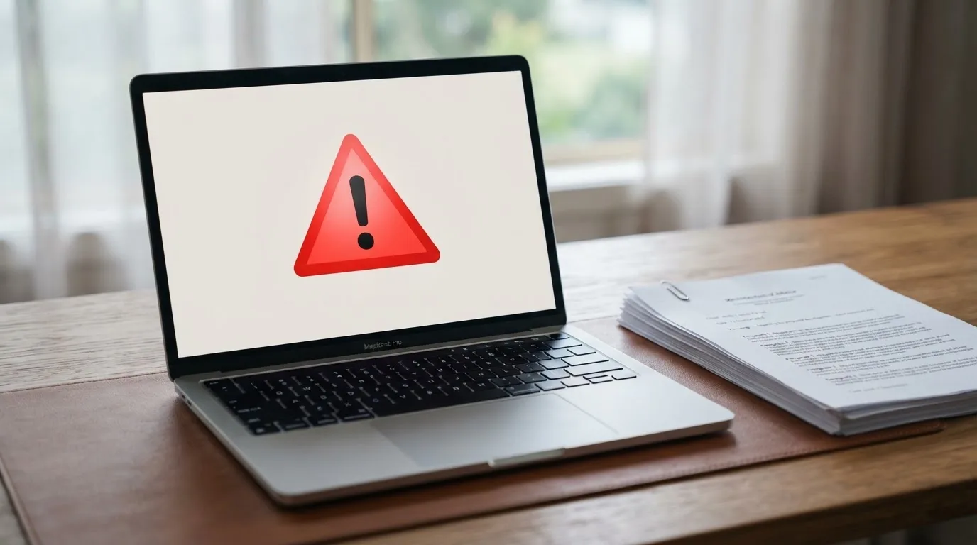 A red triangular warning sign icon on a laptop screen next to a stack of legal papers, symbolising an official caution rather than any specific website.