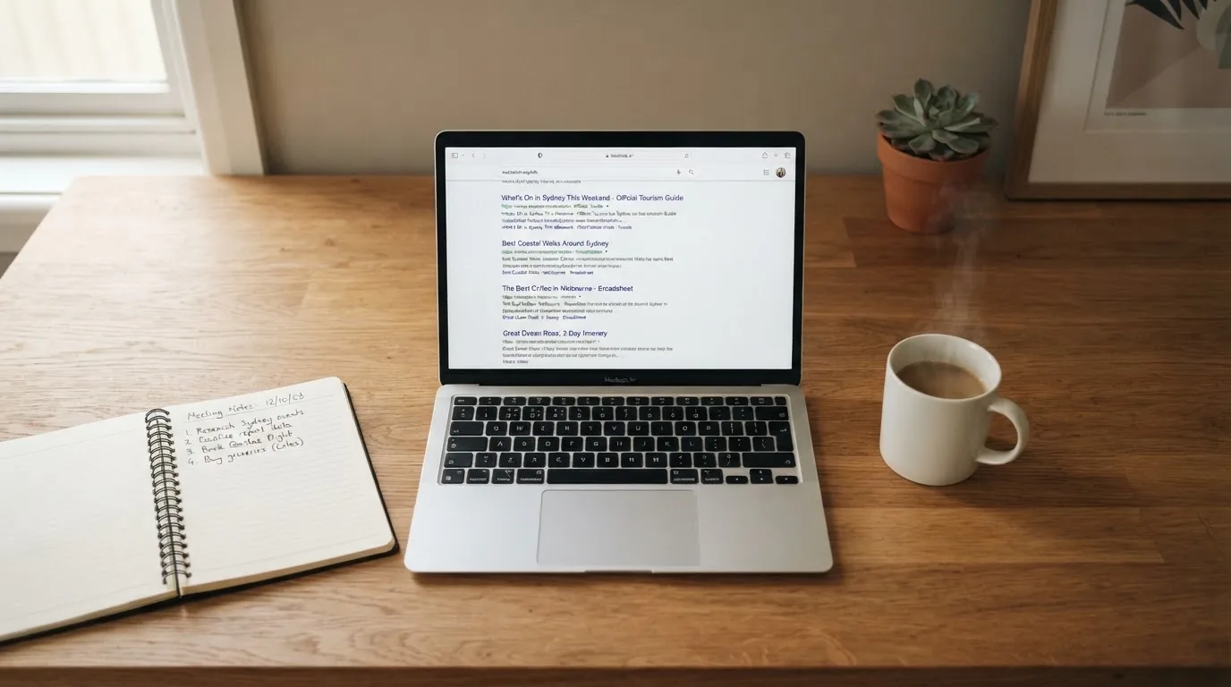 A tidy desk with a laptop open on a plain search-results page, a notebook and a coffee cup beside it, no screens showing any casino branding.