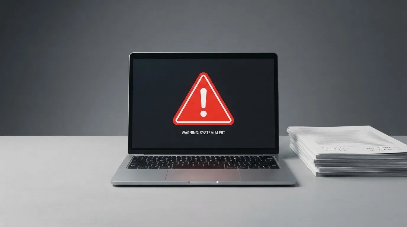A red triangular warning sign icon on a laptop screen next to a stack of legal papers, symbolising an official caution rather than any specific website.