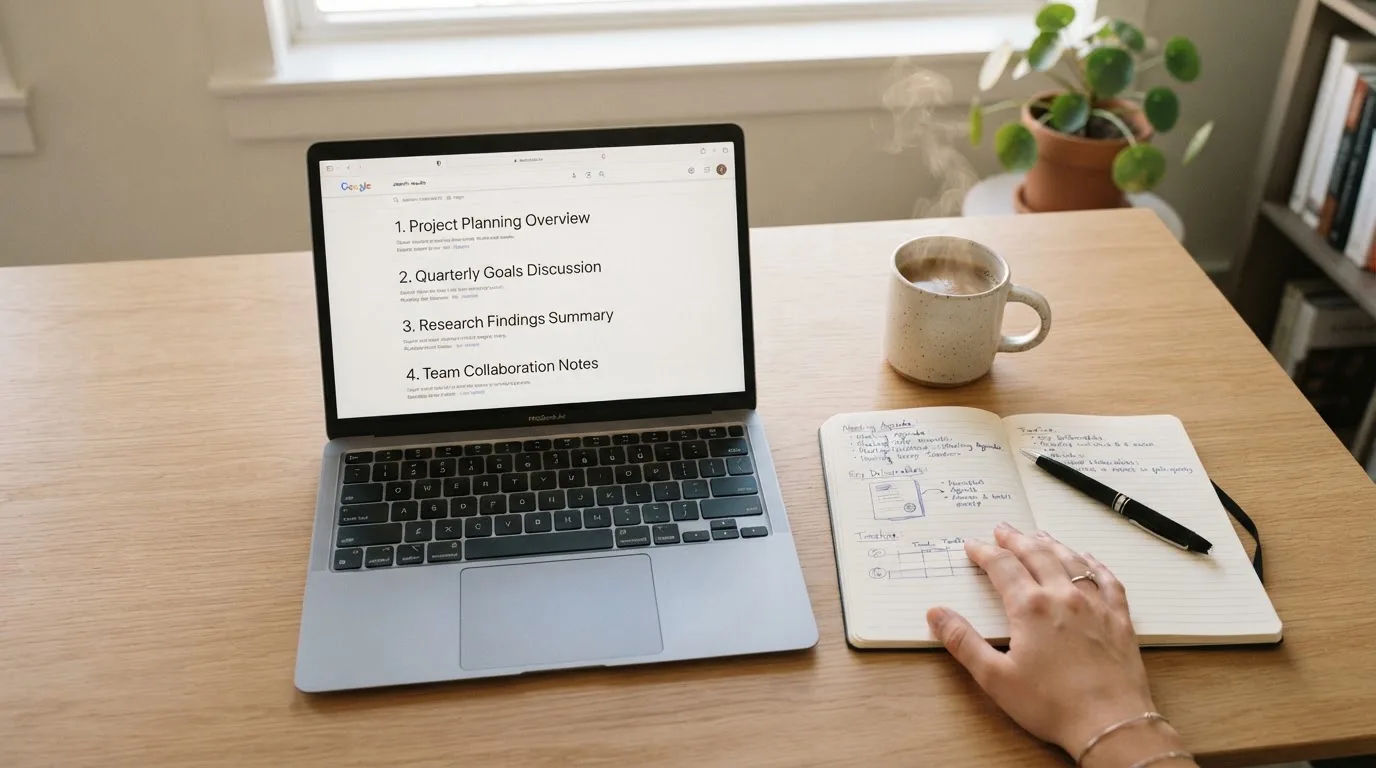 A tidy desk with a laptop open on a plain search-results page, a notebook and a coffee cup beside it, no screens showing any casino branding.