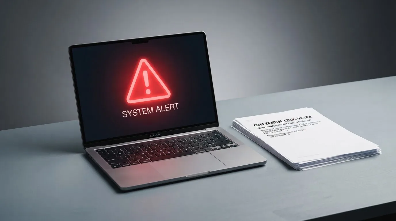 A red triangular warning sign icon on a laptop screen next to a stack of legal papers, symbolising an official caution rather than any specific website.