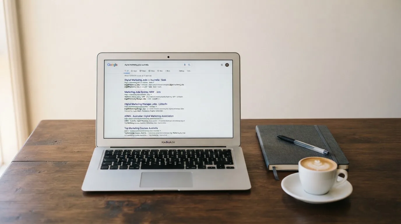 A tidy desk with a laptop open on a plain search-results page, a notebook and a coffee cup beside it, no screens showing any casino branding.