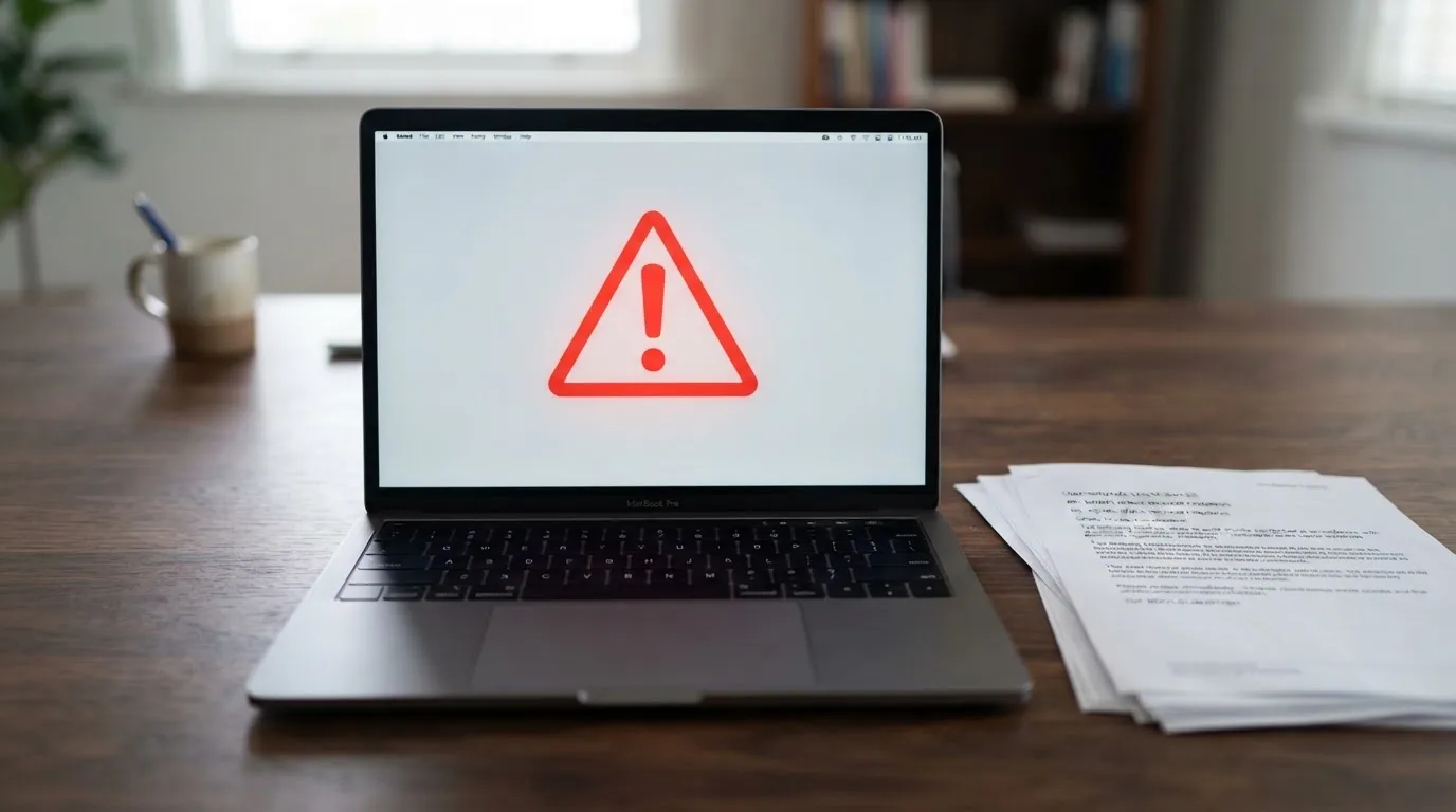 A red triangular warning sign icon on a laptop screen next to a stack of legal papers, symbolising an official caution rather than any specific website.