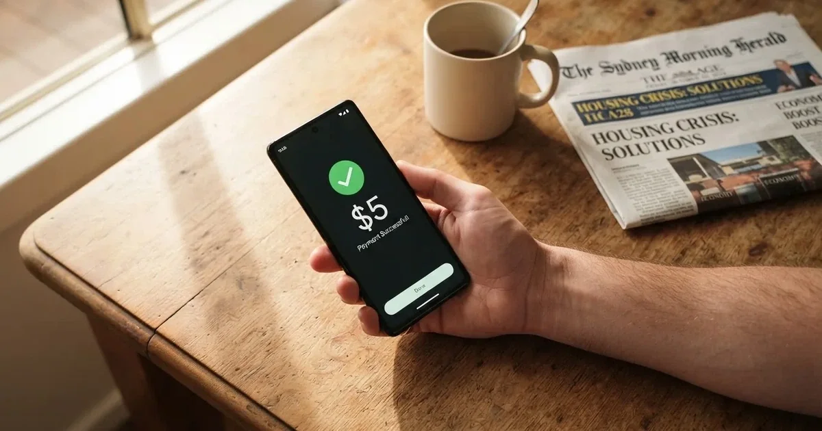 A smartphone screen showing a generic bank-transfer confirmation tick, held over a kitchen table.