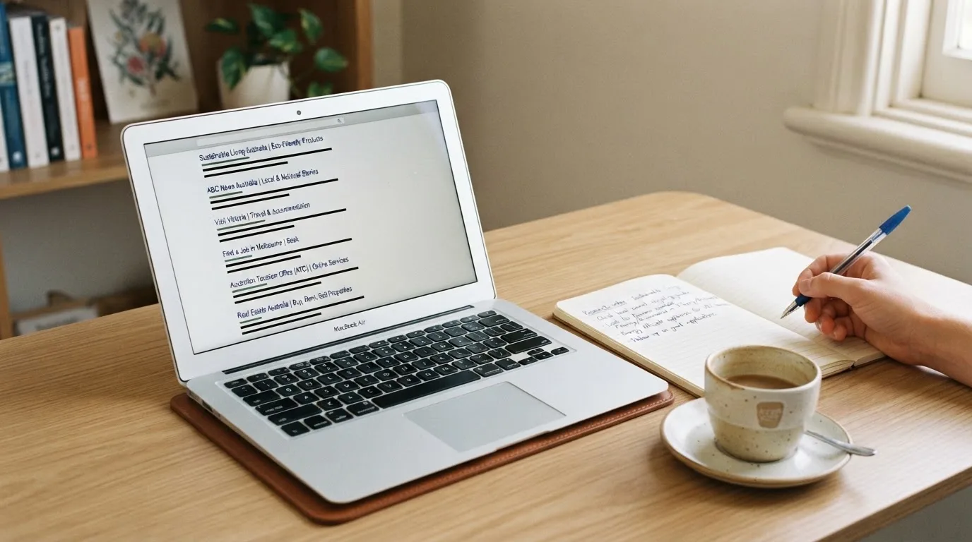 A tidy desk with a laptop open on a plain search-results page, a notebook and a coffee cup beside it, no screens showing any casino branding.