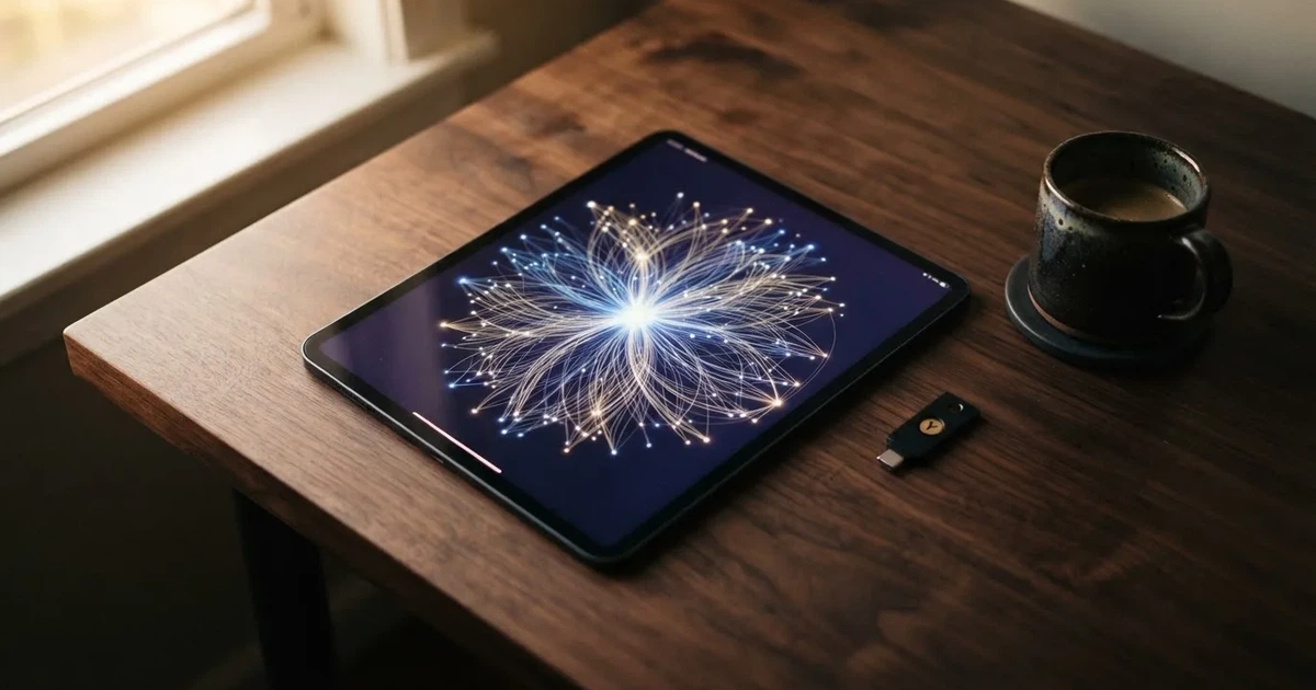 A network of glowing connected nodes displayed on a tablet screen, representing a distributed ledger diagram.