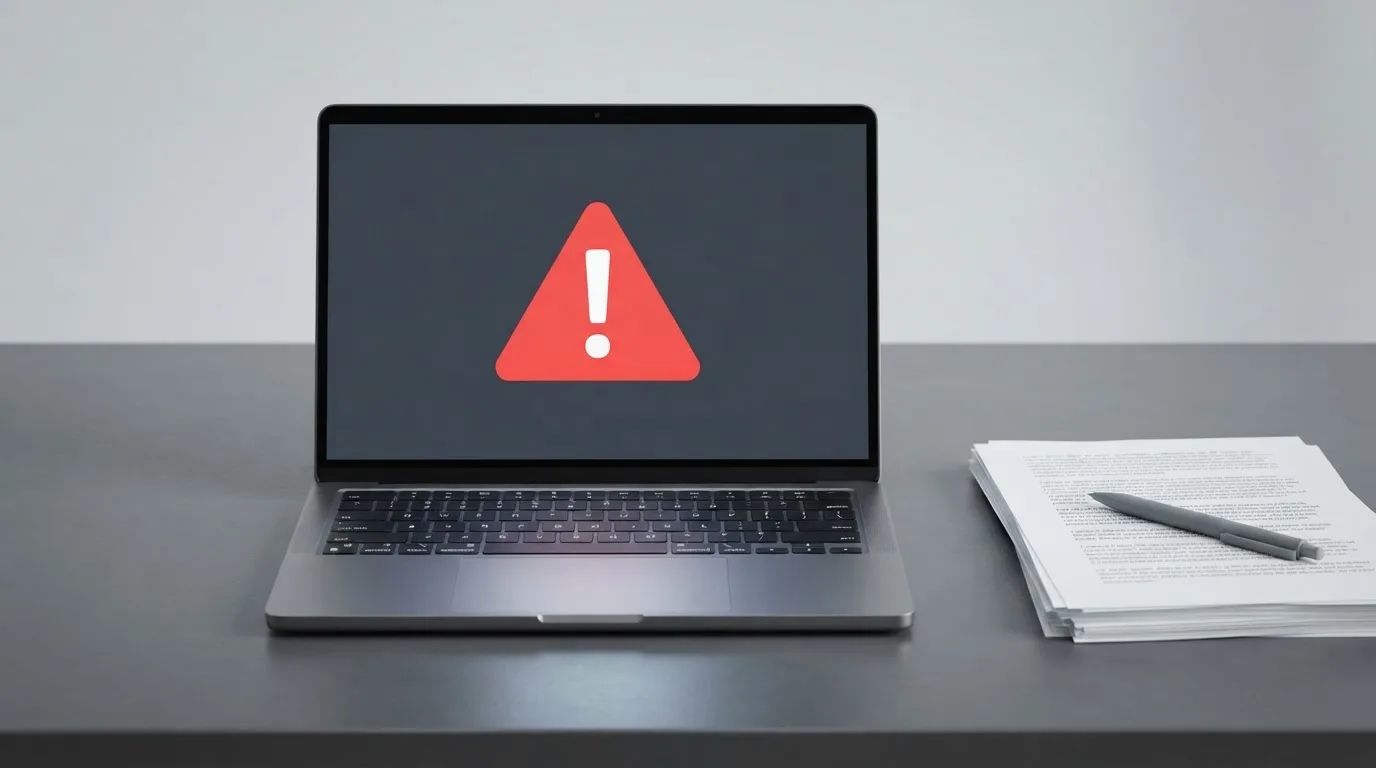 A red triangular warning sign icon on a laptop screen next to a stack of legal papers, symbolising an official caution rather than any specific website.