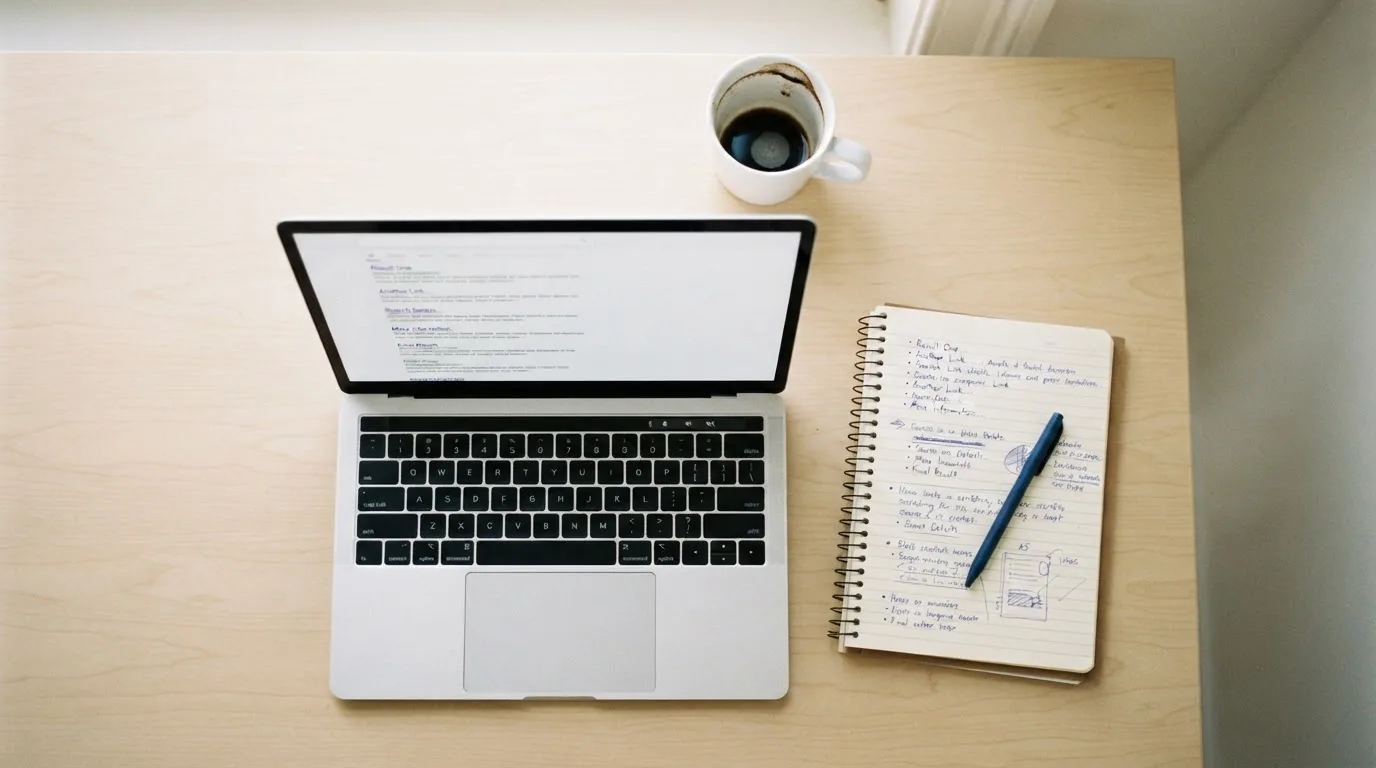 A tidy desk with a laptop open on a plain search-results page, a notebook and a coffee cup beside it, no screens showing any casino branding.