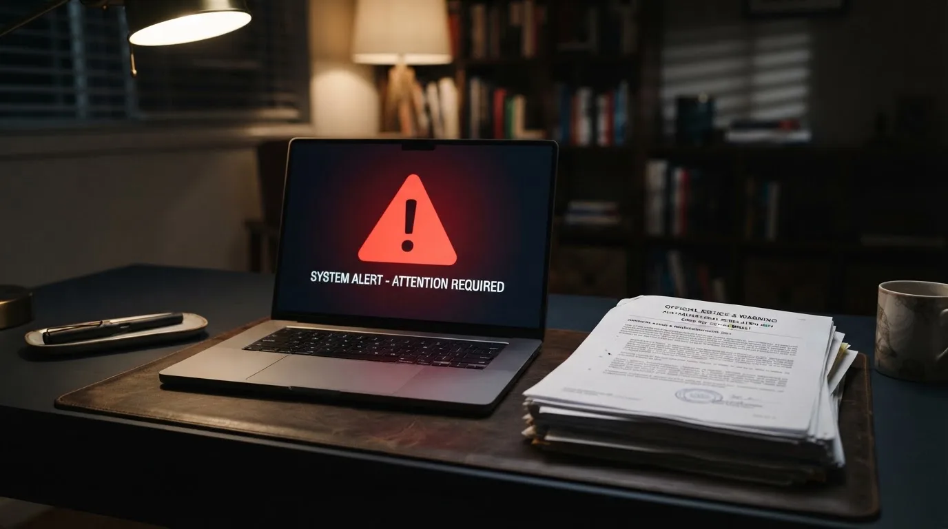 A red triangular warning sign icon on a laptop screen next to a stack of legal papers, symbolising an official caution rather than any specific website.
