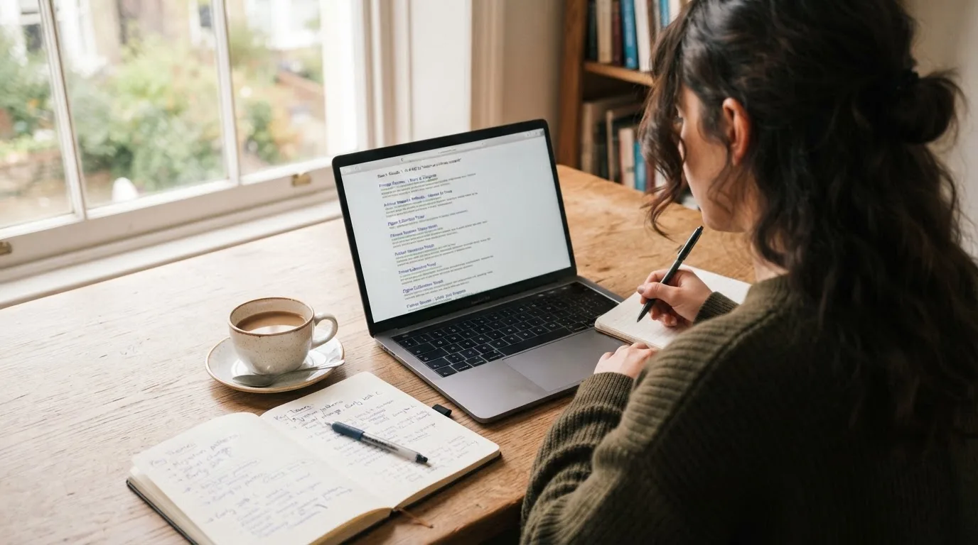 A tidy desk with a laptop open on a plain search-results page, a notebook and a coffee cup beside it, no screens showing any casino branding.