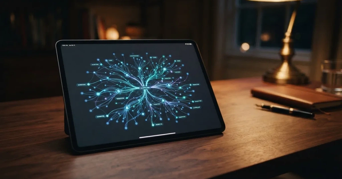 A network of glowing connected nodes displayed on a tablet screen, representing a distributed ledger diagram.