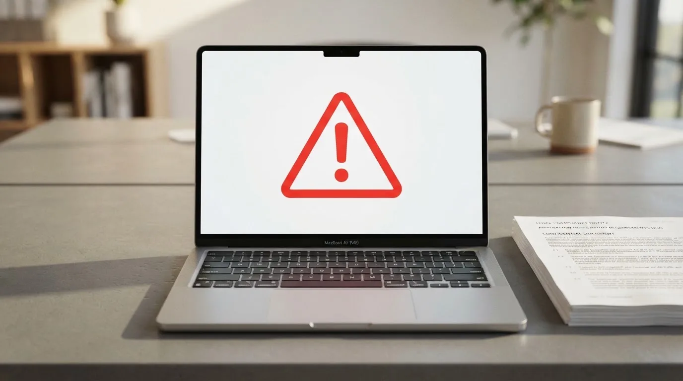 A red triangular warning sign icon on a laptop screen next to a stack of legal papers, symbolising an official caution rather than any specific website.