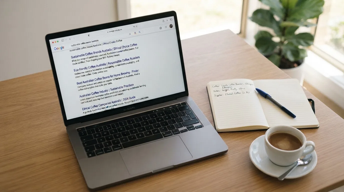 A tidy desk with a laptop open on a plain search-results page, a notebook and a coffee cup beside it, no screens showing any casino branding.