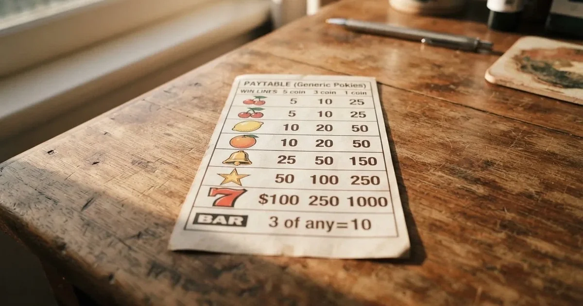 A printed strip of generic slot symbols and payout numbers laid on a desk, like a reference chart rather than a live game.