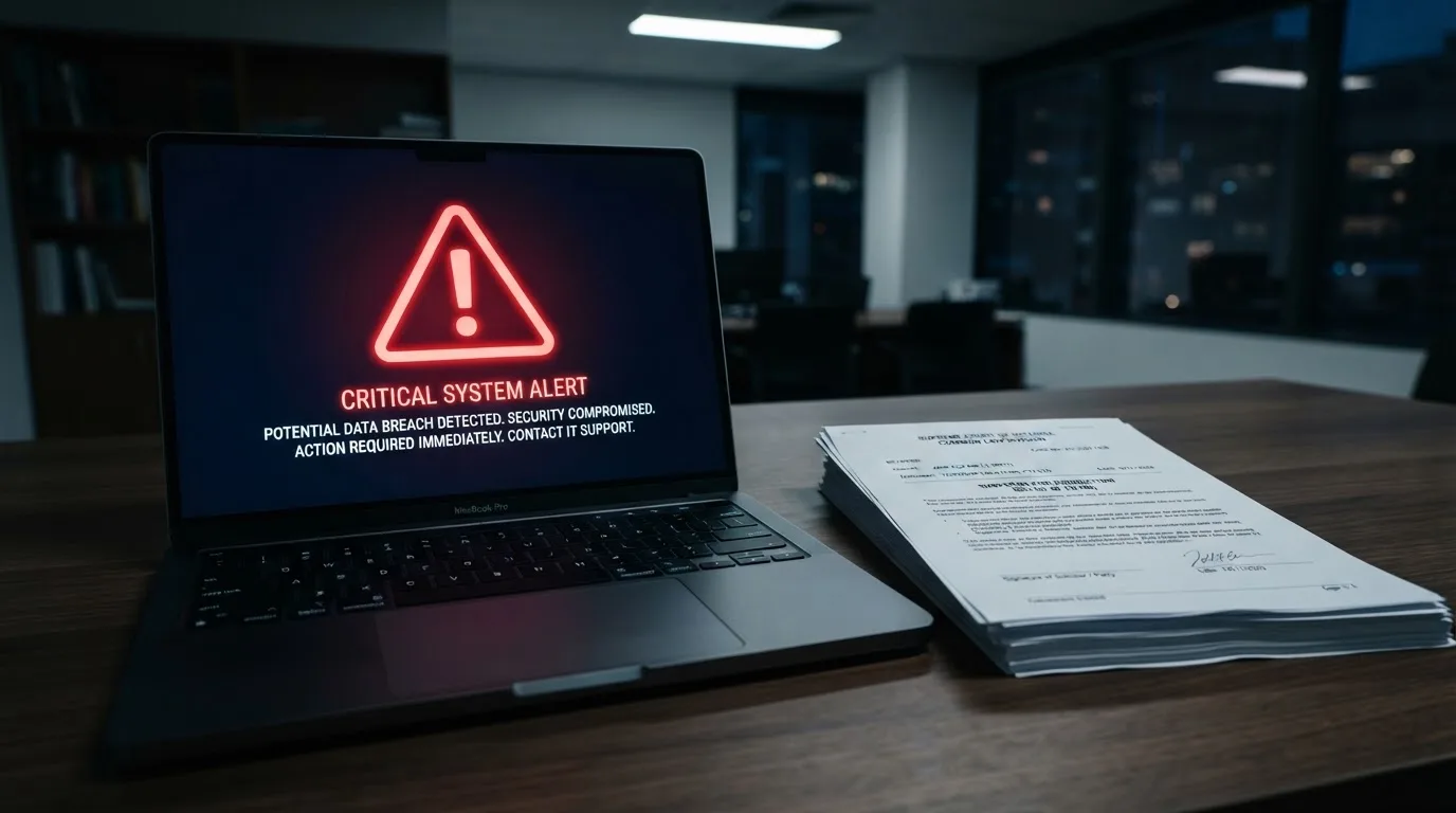 A red triangular warning sign icon on a laptop screen next to a stack of legal papers, symbolising an official caution rather than any specific website.