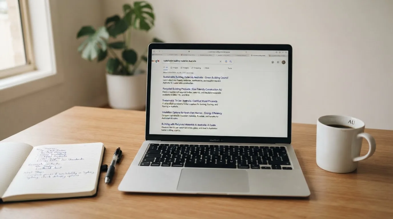 A tidy desk with a laptop open on a plain search-results page, a notebook and a coffee cup beside it, no screens showing any casino branding.