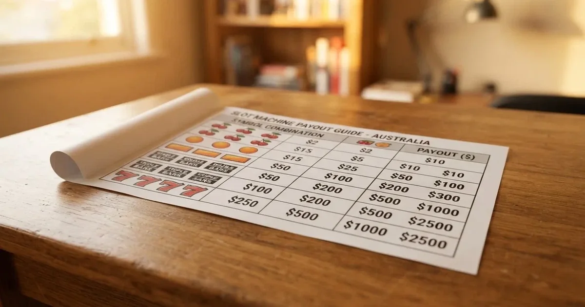 A printed strip of generic slot symbols and payout numbers laid on a desk, like a reference chart rather than a live game.