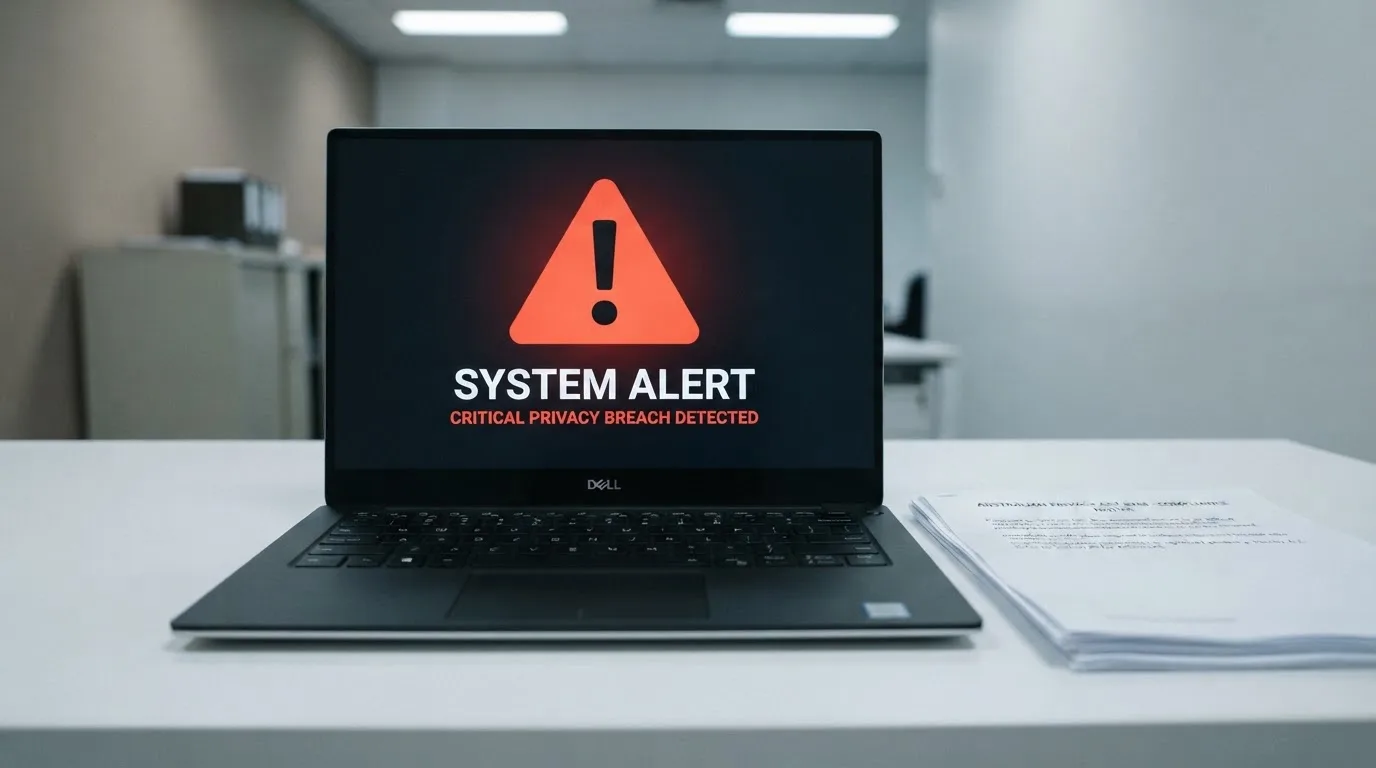 A red triangular warning sign icon on a laptop screen next to a stack of legal papers, symbolising an official caution rather than any specific website.