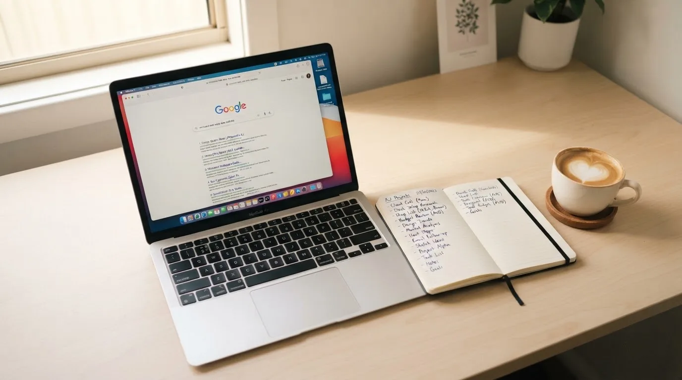 A tidy desk with a laptop open on a plain search-results page, a notebook and a coffee cup beside it, no screens showing any casino branding.