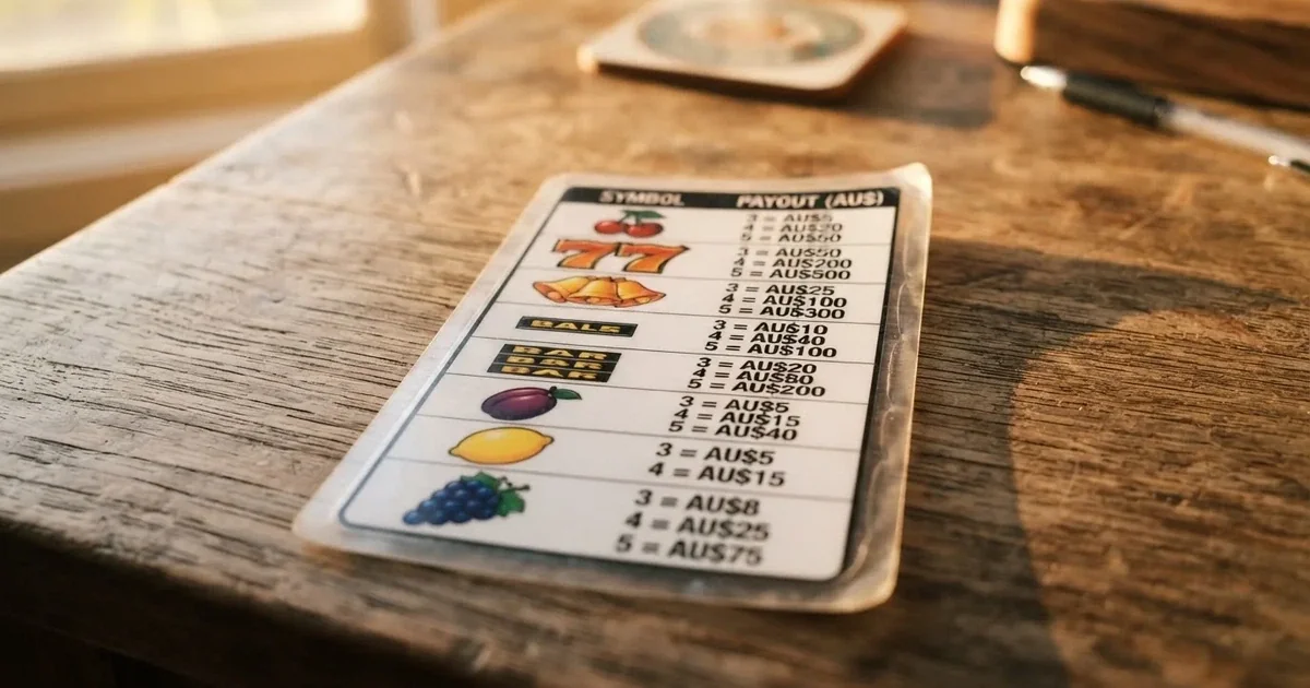 A printed strip of generic slot symbols and payout numbers laid on a desk, like a reference chart rather than a live game.