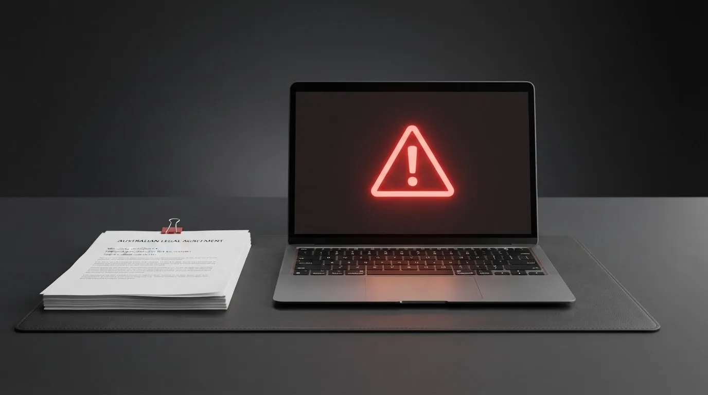 A red triangular warning sign icon on a laptop screen next to a stack of legal papers, symbolising an official caution rather than any specific website.