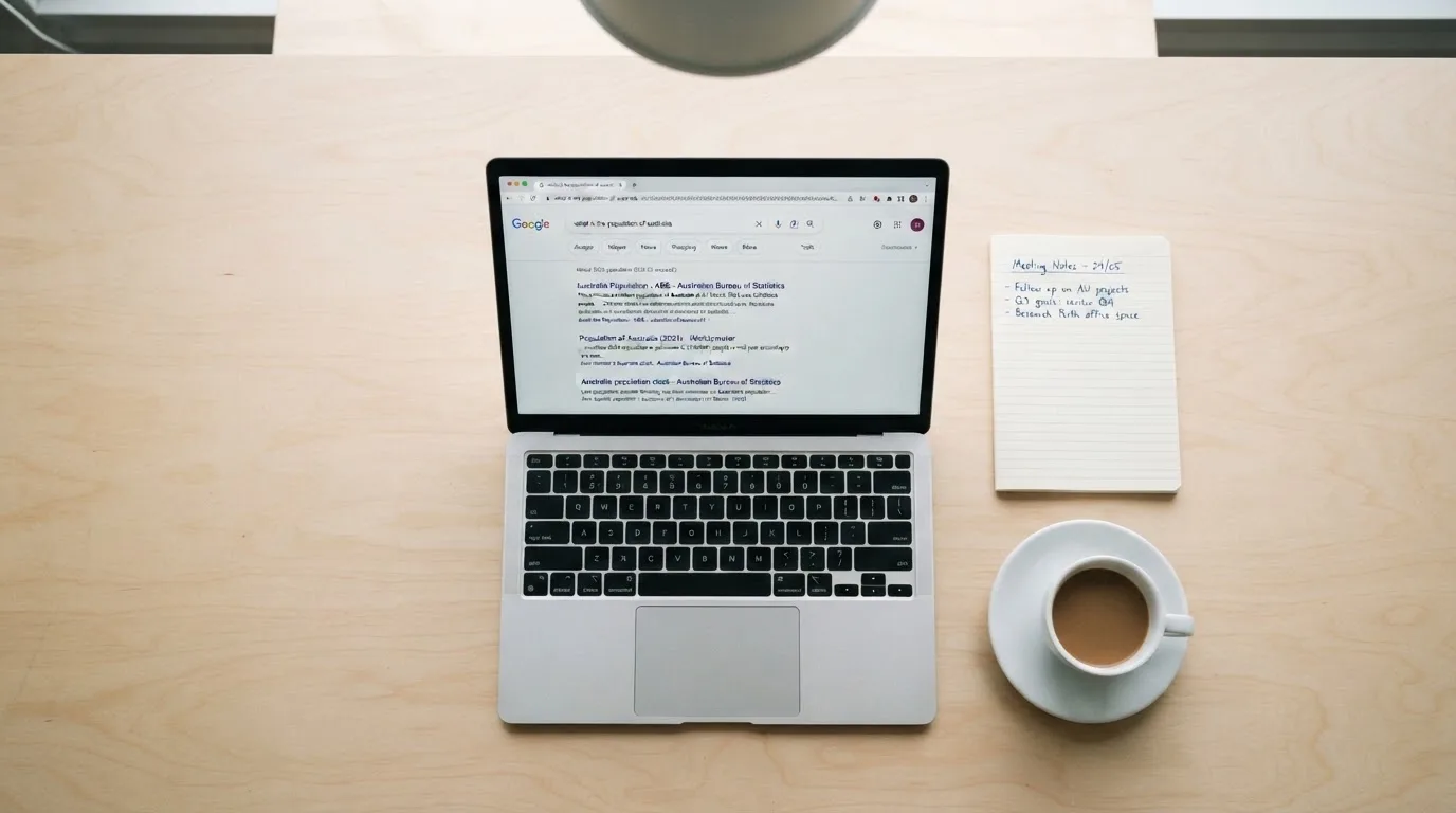 A tidy desk with a laptop open on a plain search-results page, a notebook and a coffee cup beside it, no screens showing any casino branding.
