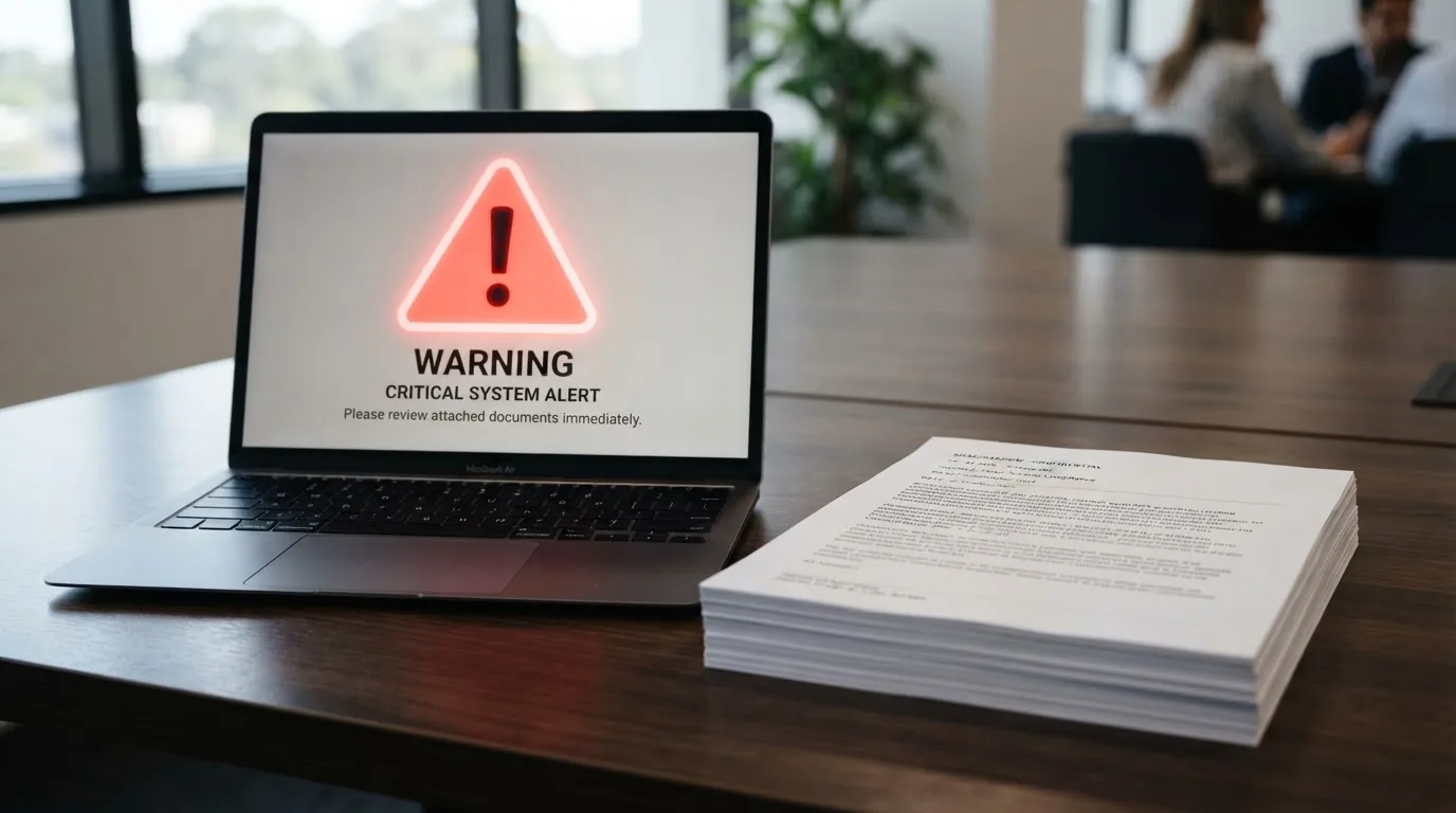 A red triangular warning sign icon on a laptop screen next to a stack of legal papers, symbolising an official caution rather than any specific website.
