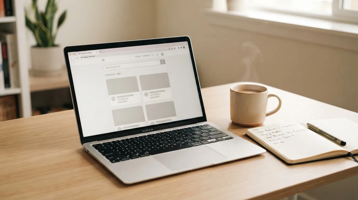 A tidy desk with a laptop open on a plain search-results page, a notebook and a coffee cup beside it, no screens showing any casino branding.