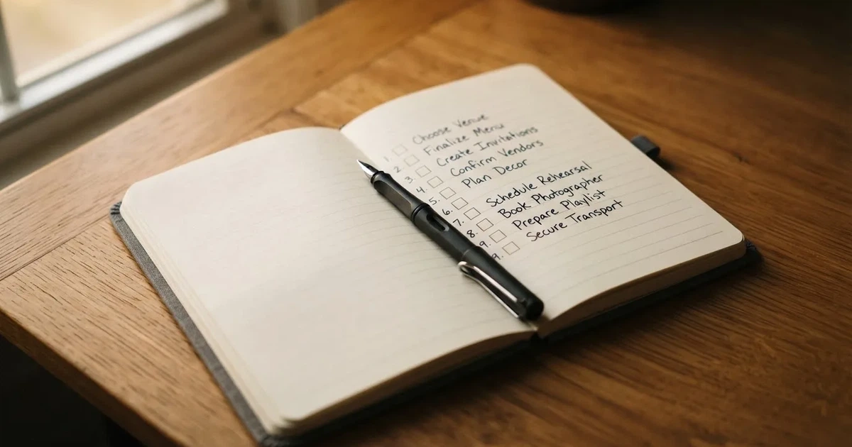 A notepad with a numbered list of blank lines and checkboxes, pen resting on top, suggesting a comparison in progress.
