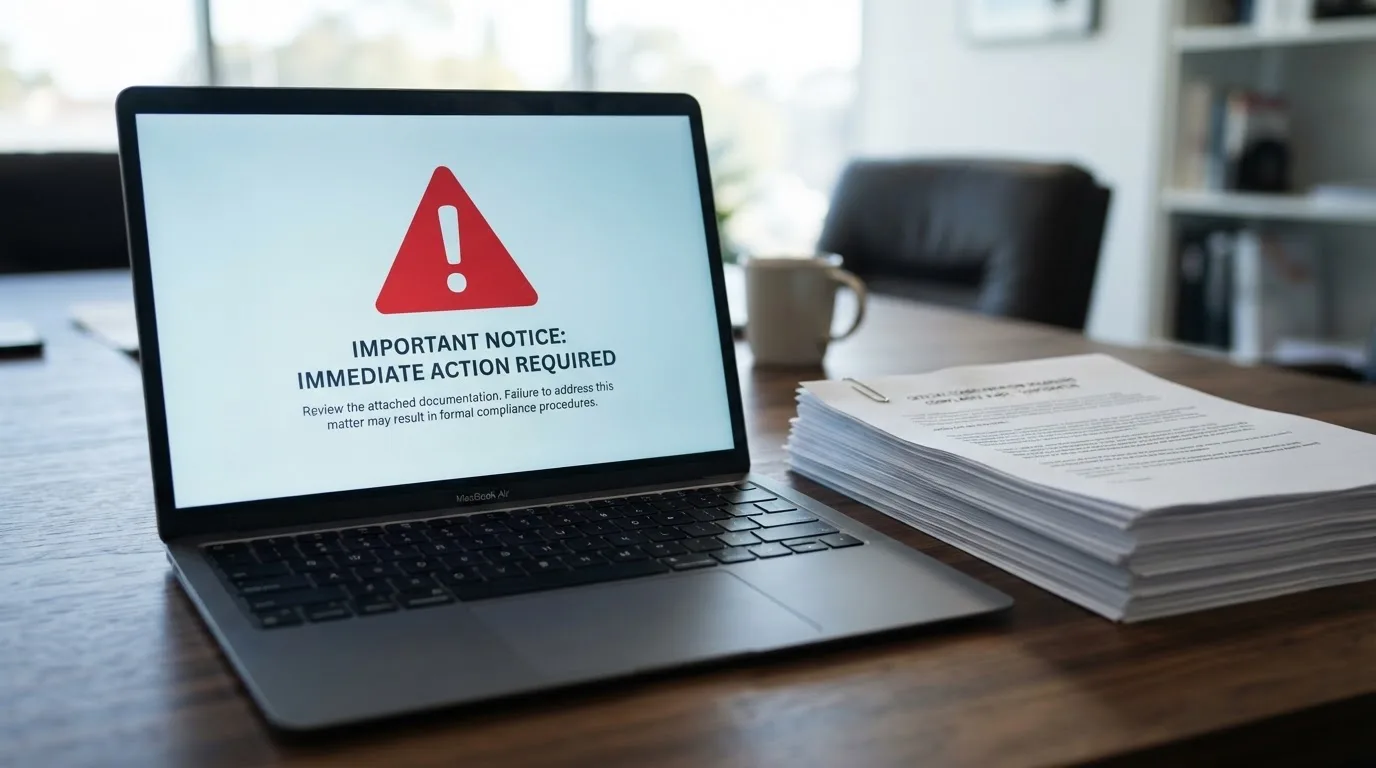A red triangular warning sign icon on a laptop screen next to a stack of legal papers, symbolising an official caution rather than any specific website.