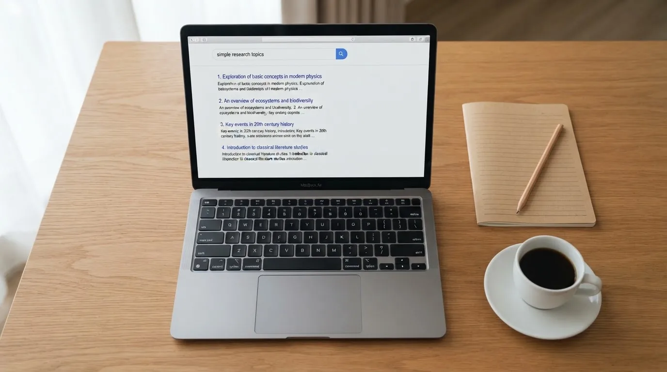 A tidy desk with a laptop open on a plain search-results page, a notebook and a coffee cup beside it, no screens showing any casino branding.
